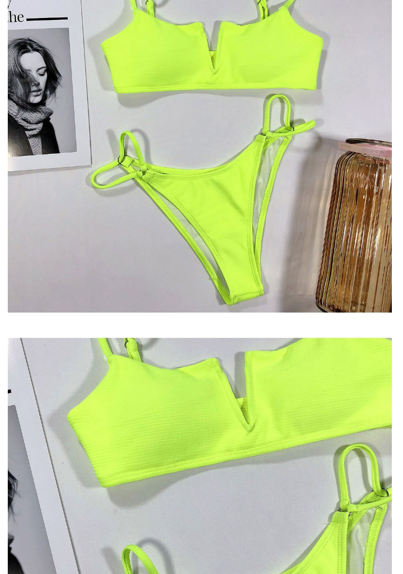 Fashion Fluorescent Yellow Solid Color Hollow Hollow Low Waist Deep V-neck Split Swimsuit,Bikini Sets