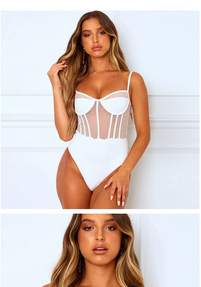 Fashion White Strapless Low-cut Perspective Mesh Jumpsuit,One Pieces