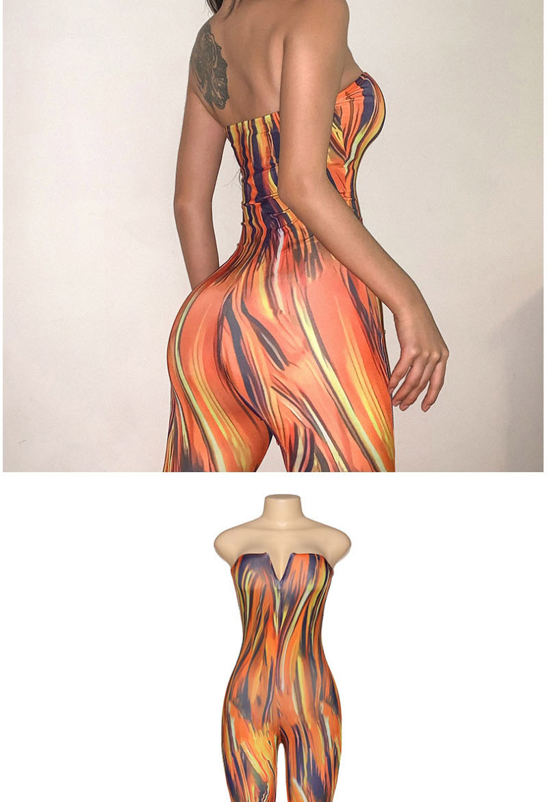 Fashion Orange Open-back Printed Tube Top Deep V-neck Slim Bodysuit,One Pieces