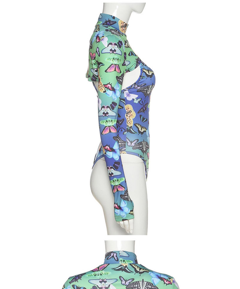 Fashion Green Round Neck Long Sleeve Printed Slim Bodysuit,One Pieces