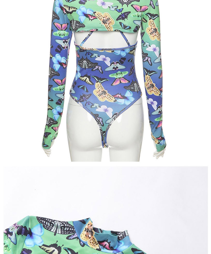 Fashion Green Round Neck Long Sleeve Printed Slim Bodysuit,One Pieces