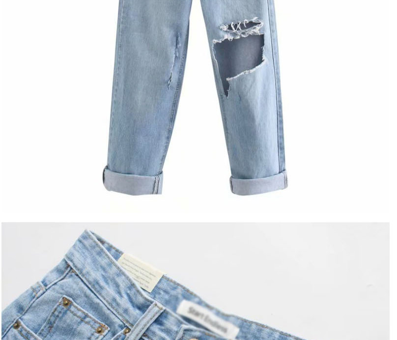 Fashion Blue Washed Ripped Wide-leg Jeans Trousers,Pants