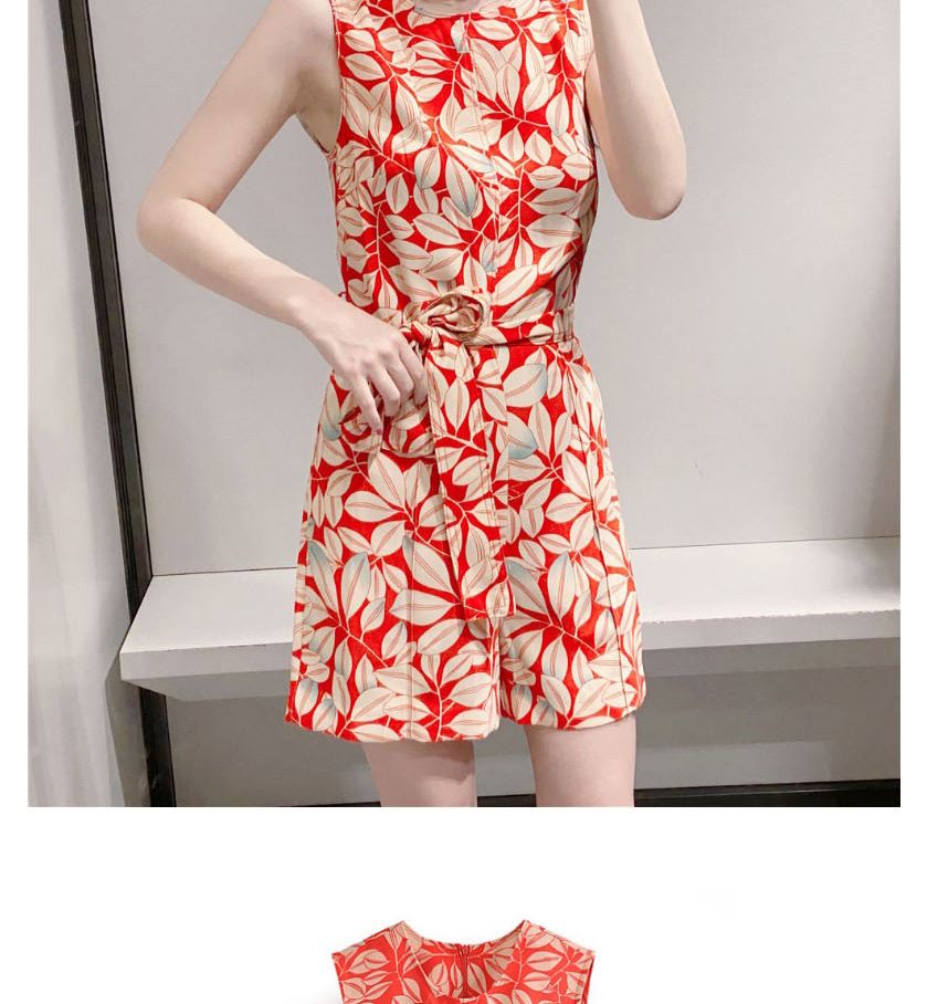 Fashion Red Sleeveless Jumpsuit With Flower Print Waist Tie,Pants