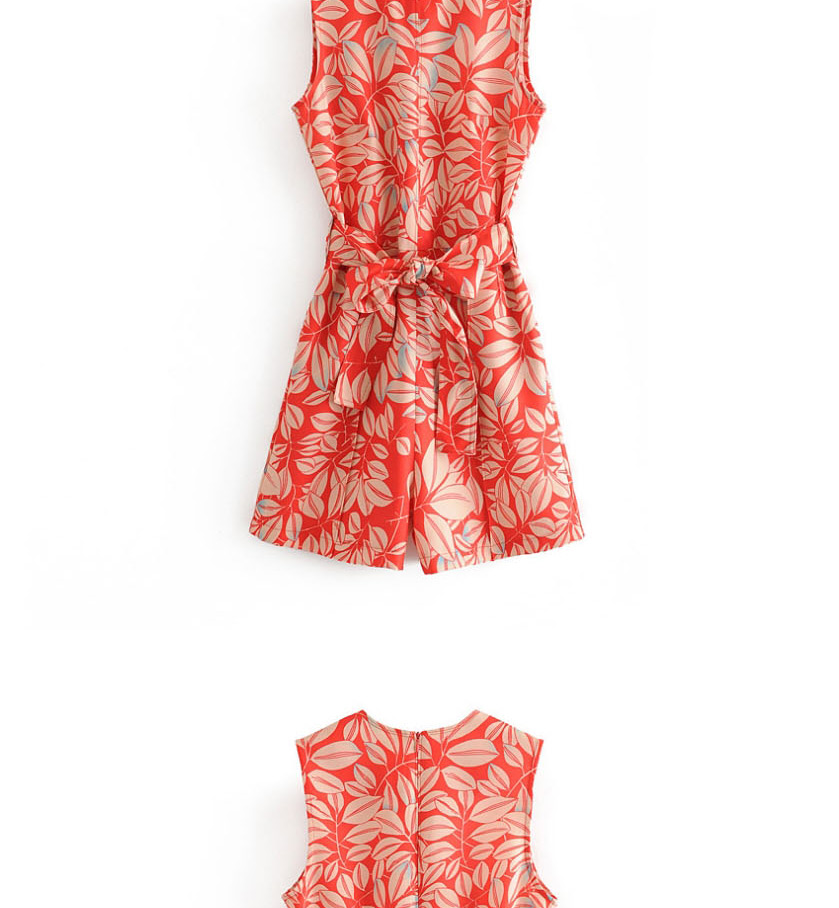Fashion Red Sleeveless Jumpsuit With Flower Print Waist Tie,Pants