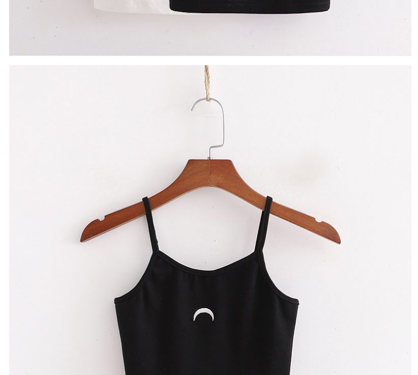 Fashion Black Slim Vest With Embroidered Crescent Moon Strap,Tank Tops & Camis