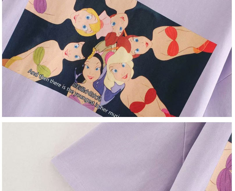 Fashion Purple Floral Print Crew Neck Loose Short Sleeve T-shirt,Hair Crown