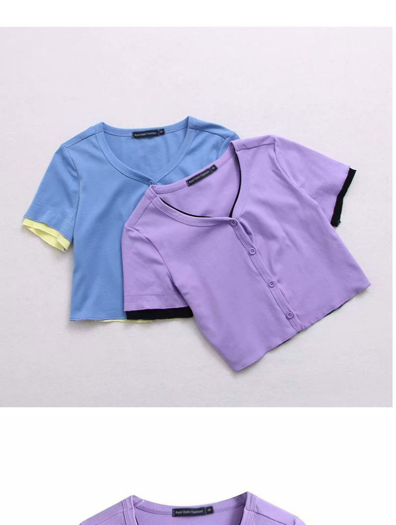 Fashion Blue Spliced ??contrast Color Cardigan Fake Two Short-sleeved T-shirts,Hair Crown