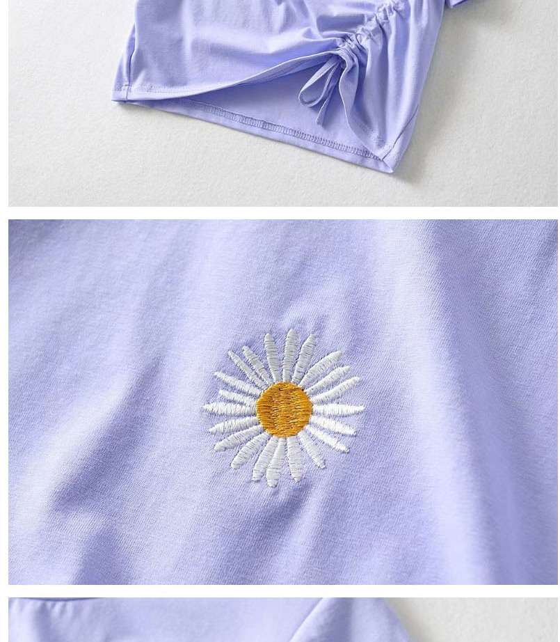 Fashion Blue Small Daisy Drawstring Pleated Short Sleeve T-shirt,Tank Tops & Camis