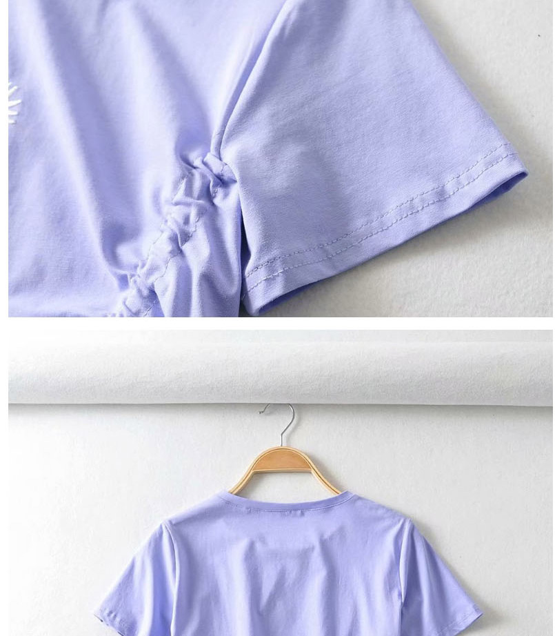 Fashion Blue Small Daisy Drawstring Pleated Short Sleeve T-shirt,Tank Tops & Camis