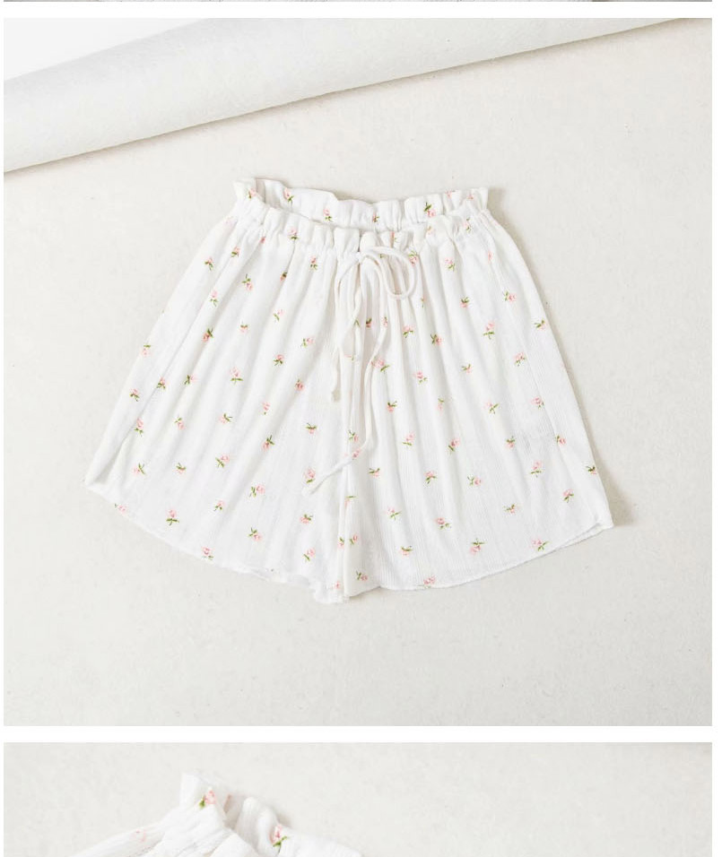 Fashion White Small Floral V-neck Drawstring Knit Printed Top Shorts Set,Tank Tops & Camis