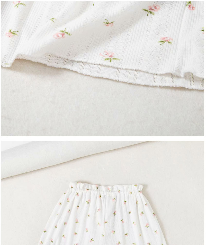 Fashion White Small Floral V-neck Drawstring Knit Printed Top Shorts Set,Tank Tops & Camis