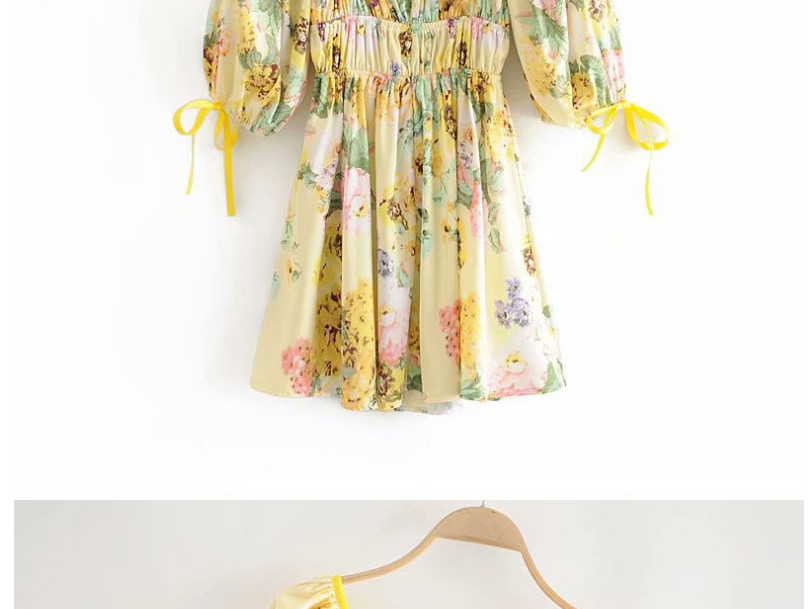 Fashion Yellow Square Collar Floral Print Bubble Sleeve Lace Dress,Mini & Short Dresses