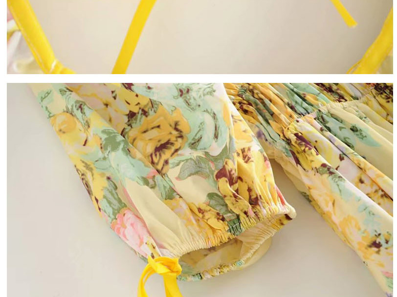 Fashion Yellow Square Collar Floral Print Bubble Sleeve Lace Dress,Mini & Short Dresses