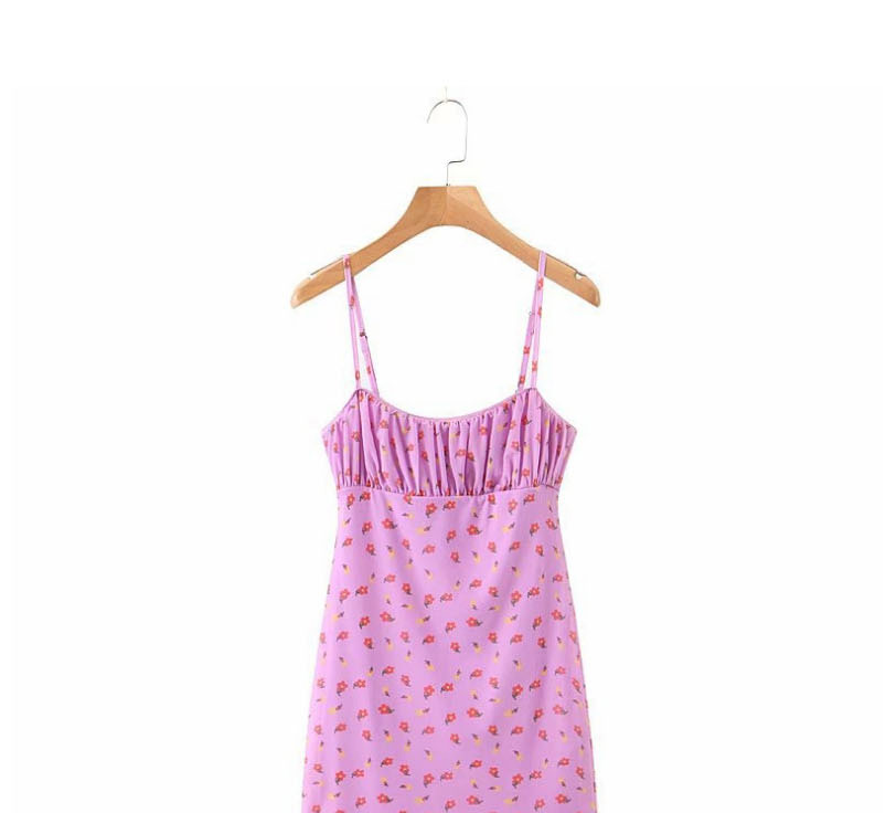 Fashion Purple Floral Print Mesh Gauze Halter Dress,Long Dress