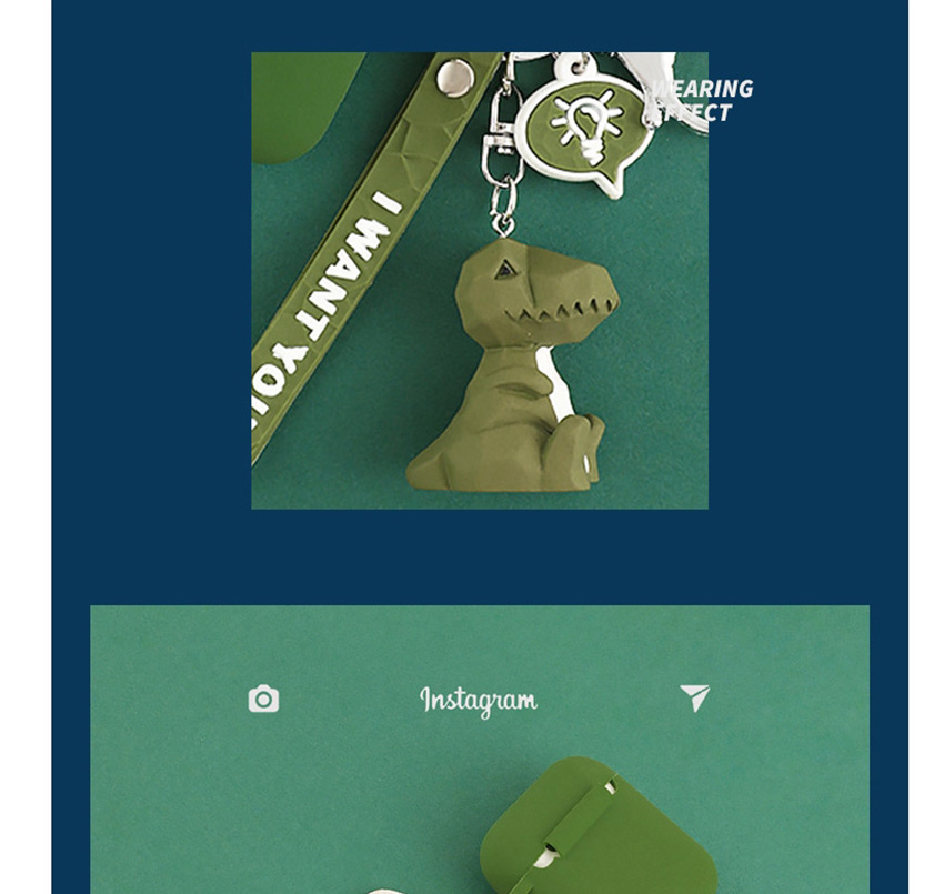 Fashion Green Dinosaur + Headphone Bag Geometry Dinosaur Apple Wireless Bluetooth Headset Silicone Case,Fashion Keychain