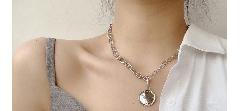 Fashion Silver Chain Geometric Round Card Irregular Concave And Convex Necklace,Chains