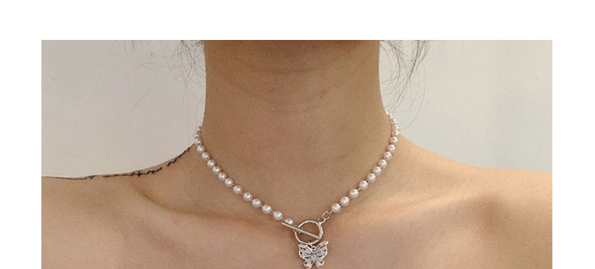 Fashion Silver Rhinestone Pearl Butterfly Hollow Ot Buckle Necklace,Beaded Necklaces