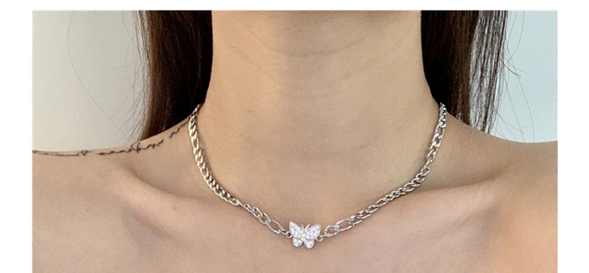 Fashion Silver Butterfly Stainless Steel Necklace With Rhinestones,Necklaces