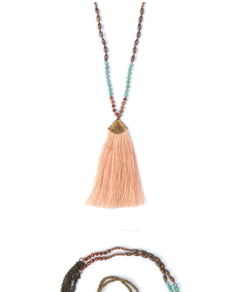 Fashion Maroon Tassel Crystal Hand-beaded Woven Rice Bead Necklace,Pendants