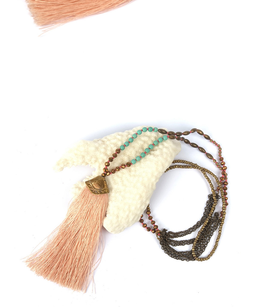Fashion Pink Tassel Crystal Hand-beaded Woven Rice Bead Necklace,Pendants