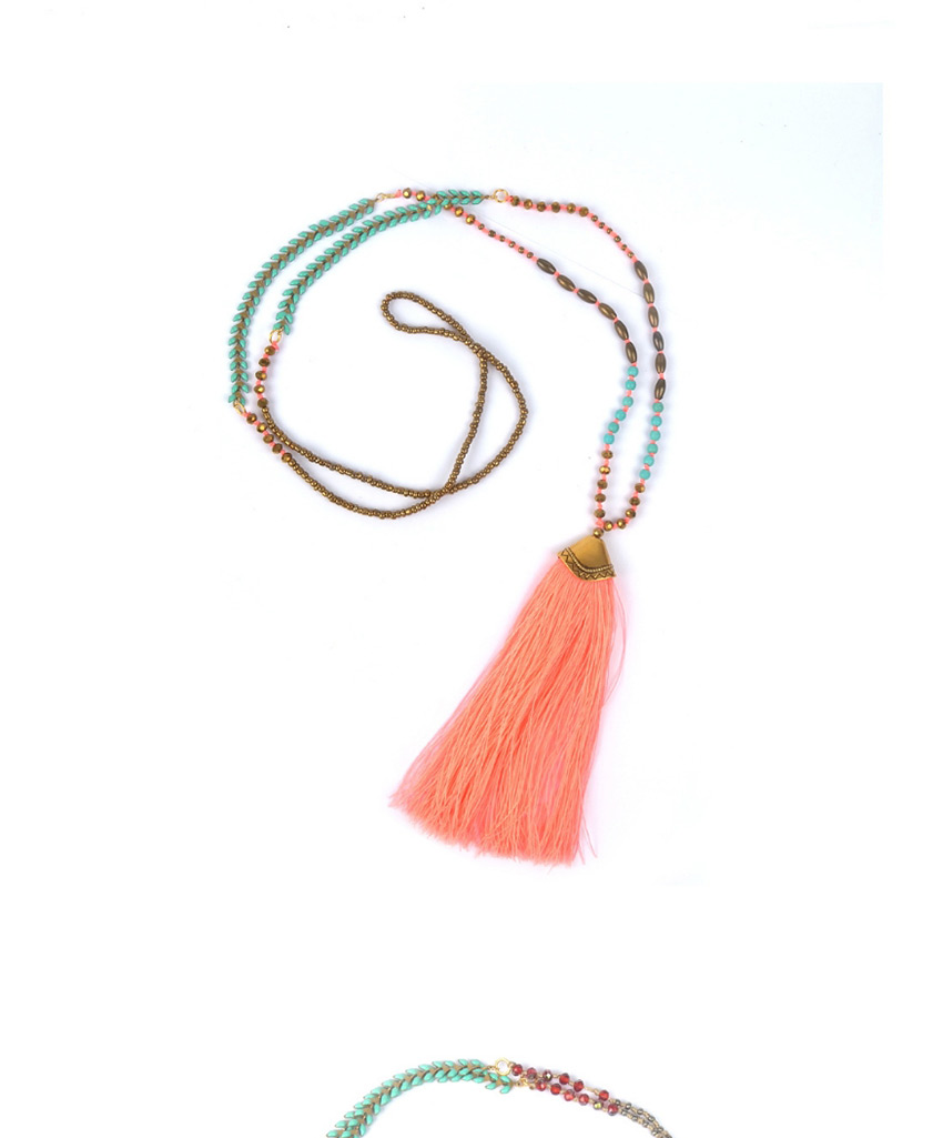Fashion Pink Tassel Crystal Hand-beaded Woven Rice Bead Necklace,Pendants