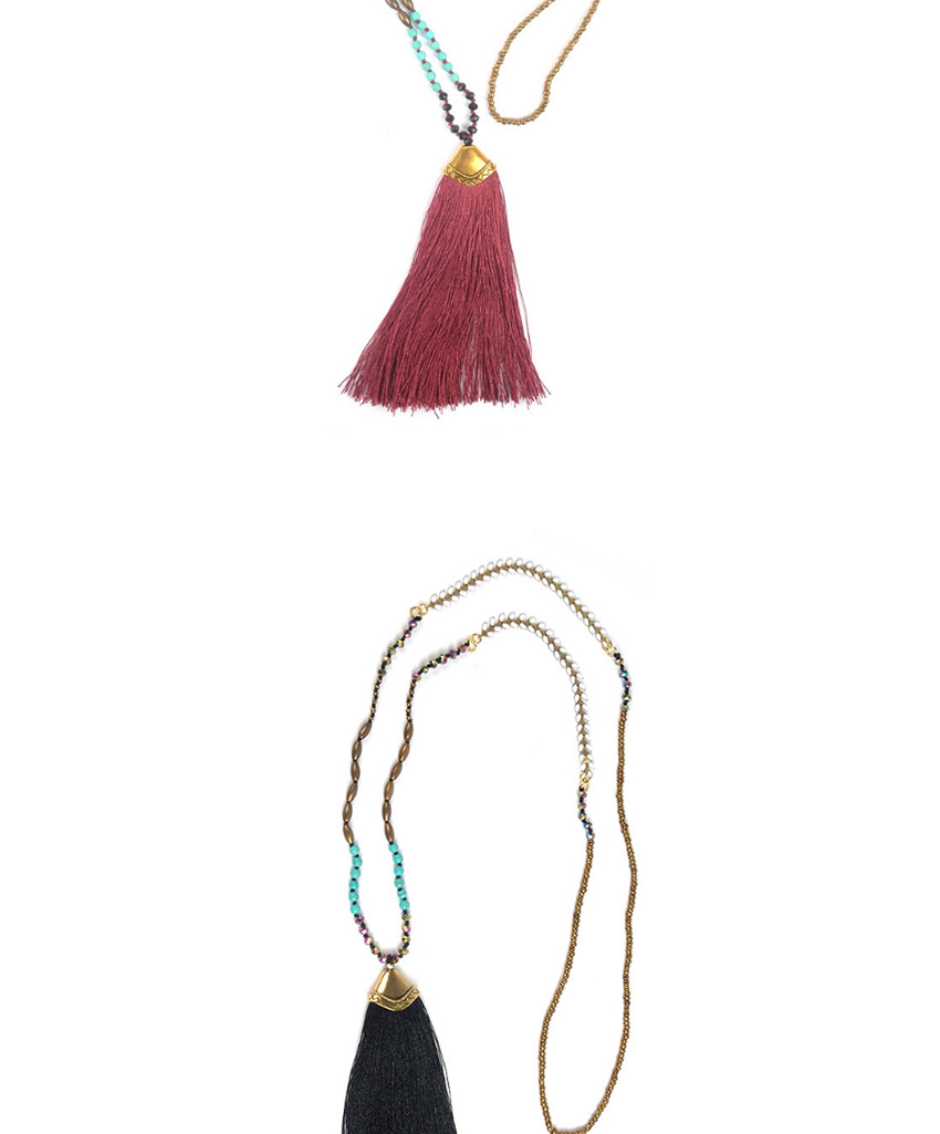 Fashion Royal Blue Tassel Crystal Hand-beaded Woven Rice Bead Necklace,Pendants