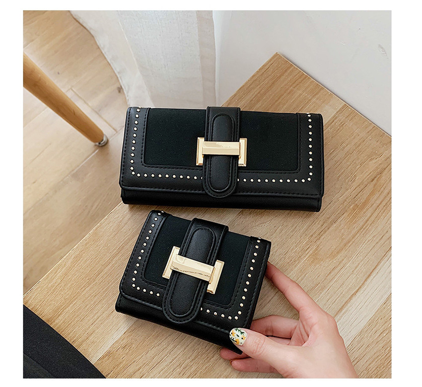 Fashion Long Black Studded Two-fold Buckle Multi-card Matte Wallet,Wallet