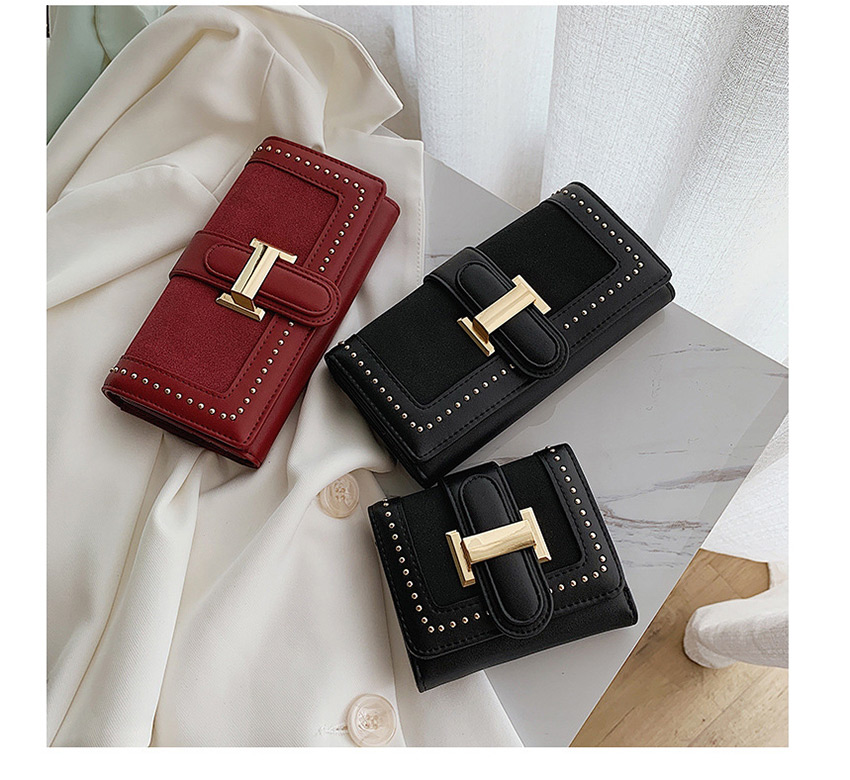 Fashion Long Black Studded Two-fold Buckle Multi-card Matte Wallet,Wallet