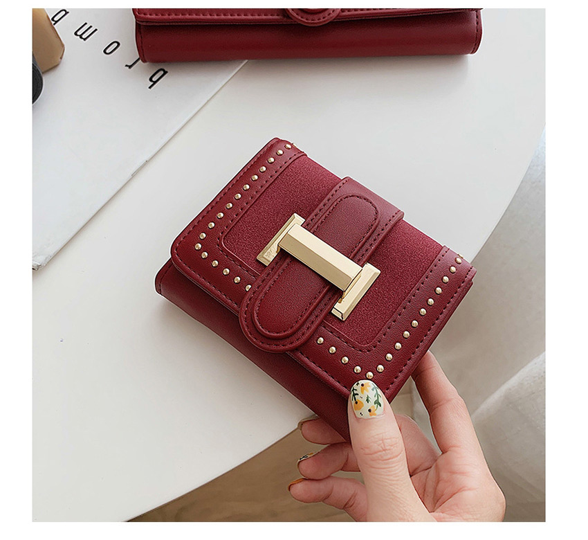 Fashion Red Studded Two-fold Buckle Multi-card Matte Wallet,Wallet