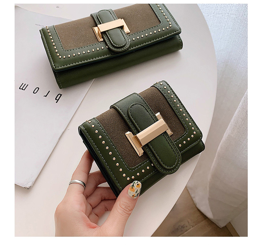 Fashion Green Studded Two-fold Buckle Multi-card Matte Wallet,Wallet