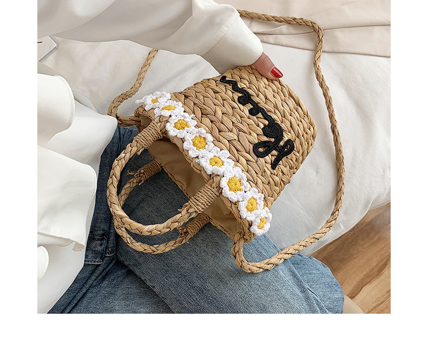 Fashion Khaki Straw Flower Alphabet Hand Shoulder Bag,Shoulder bags