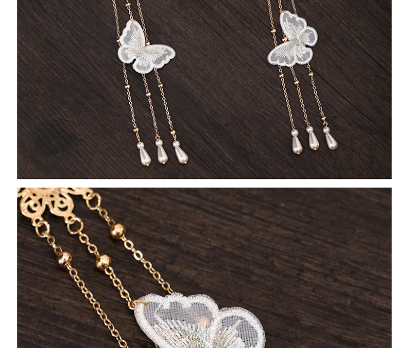 Fashion White Fringed Mesh Yarn Butterfly Pearl Resin Hairpin Crown Ear Clip Set,Jewelry Sets