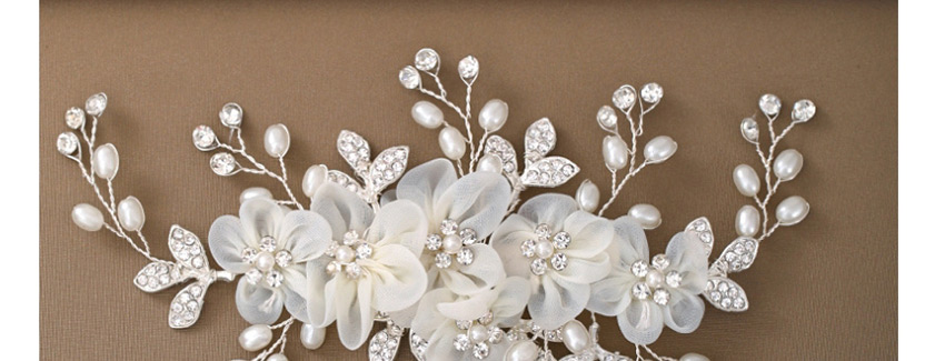 Fashion White Diamond Pearl Silk Flower Pearl Alloy Insert Comb,Hair Ribbons