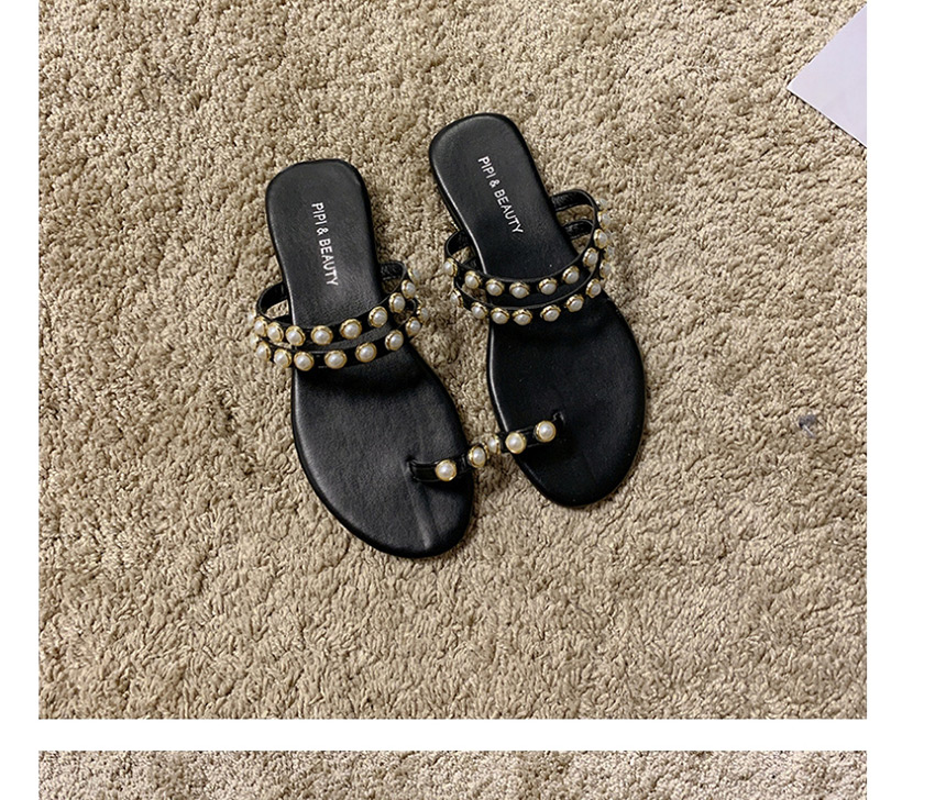 Fashion Black Flat Toe Pearl Flat Sandals,Slippers