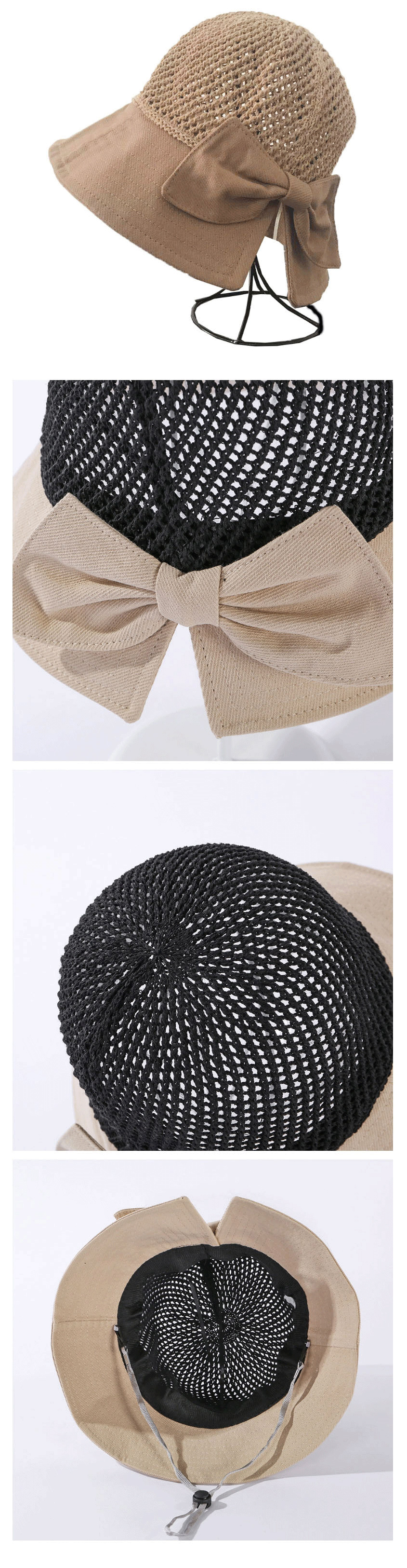 Fashion Khaki Openwork Stitching Knitted Top Bow Sunscreen Fisherman Hat,Sun Hats