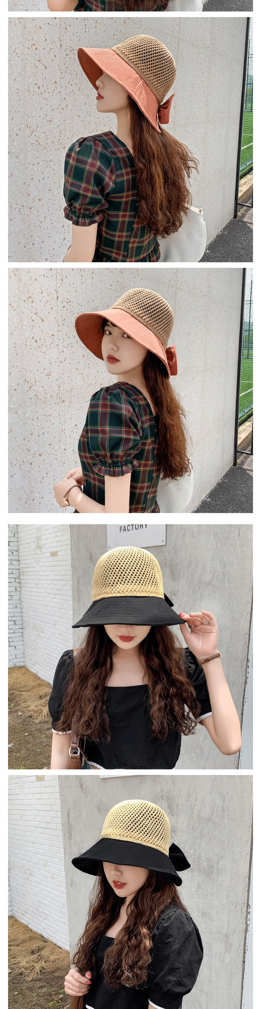 Fashion Khaki Openwork Stitching Knitted Top Bow Sunscreen Fisherman Hat,Sun Hats