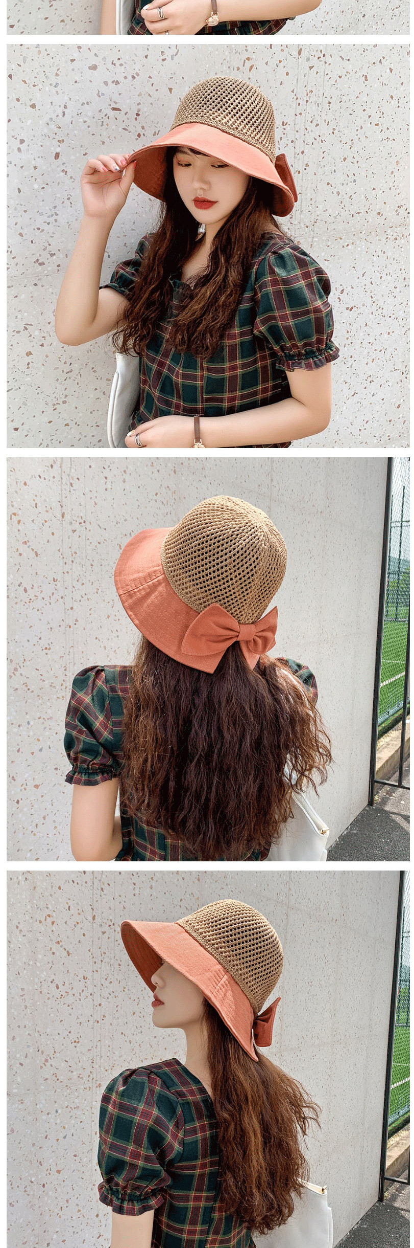 Fashion Khaki Openwork Knitted Stitching Bow Fisherman Hat,Sun Hats