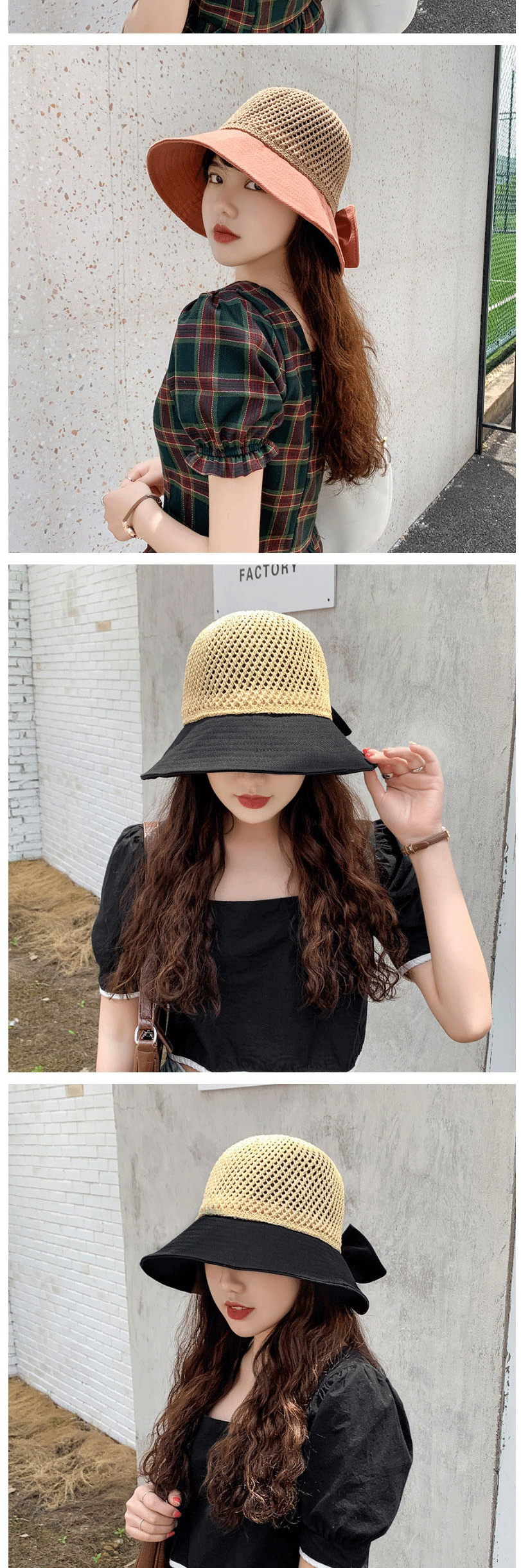 Fashion Yellow Openwork Knitted Stitching Bow Fisherman Hat,Sun Hats