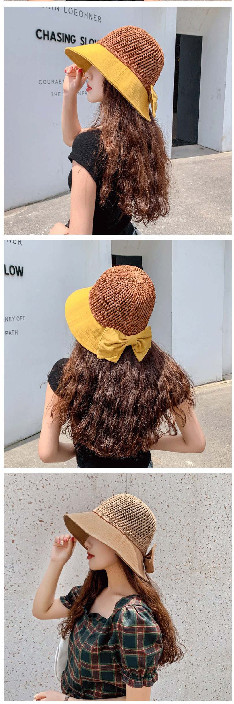 Fashion Yellow Openwork Knitted Stitching Bow Fisherman Hat,Sun Hats