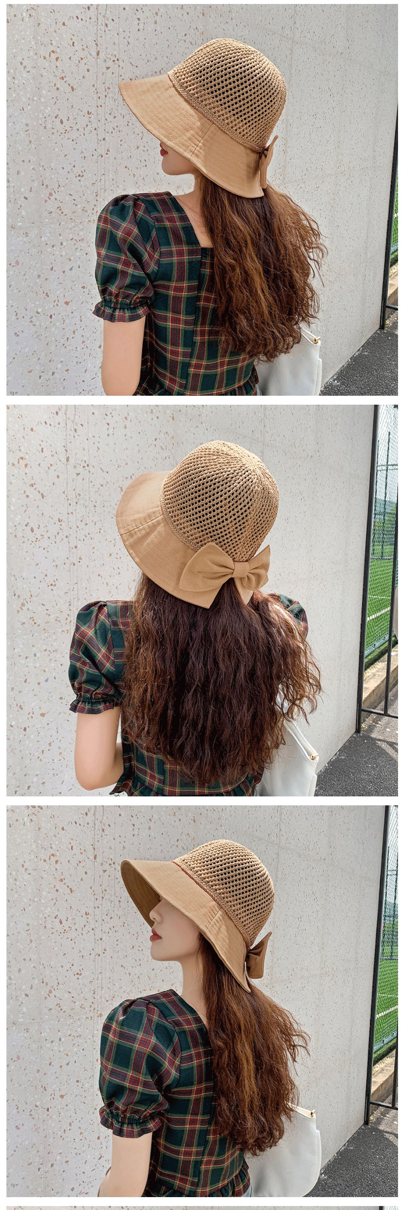 Fashion Beige Openwork Knitted Stitching Bow Fisherman Hat,Sun Hats