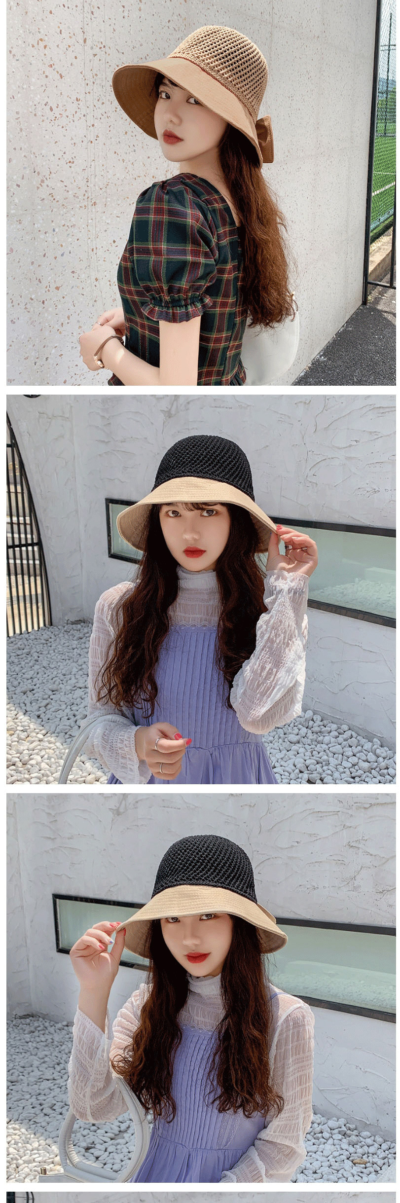 Fashion Beige Openwork Knitted Stitching Bow Fisherman Hat,Sun Hats