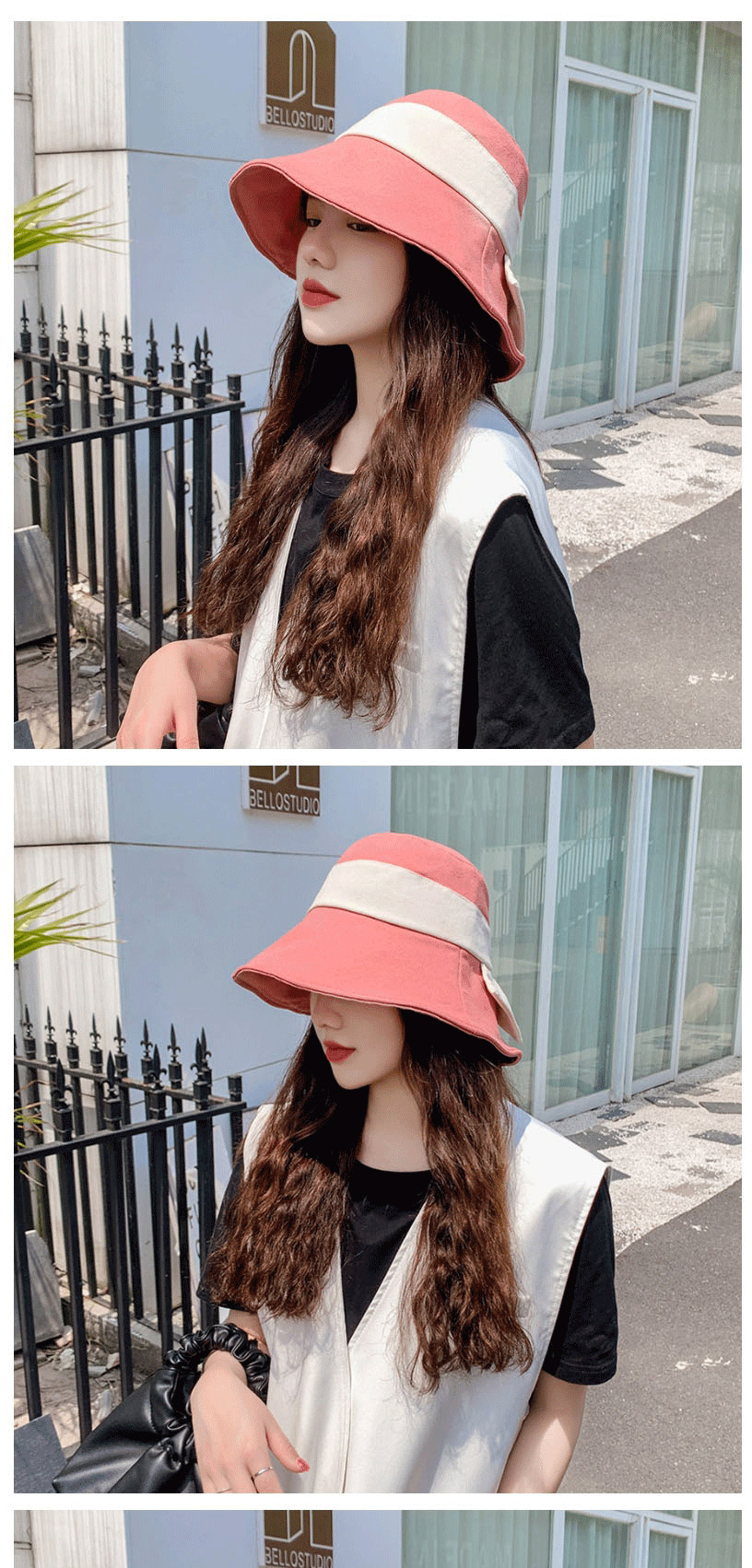 Fashion Orange Wide-brimmed Sunscreen Color-block Patch Bow Fisherman Hat,Sun Hats