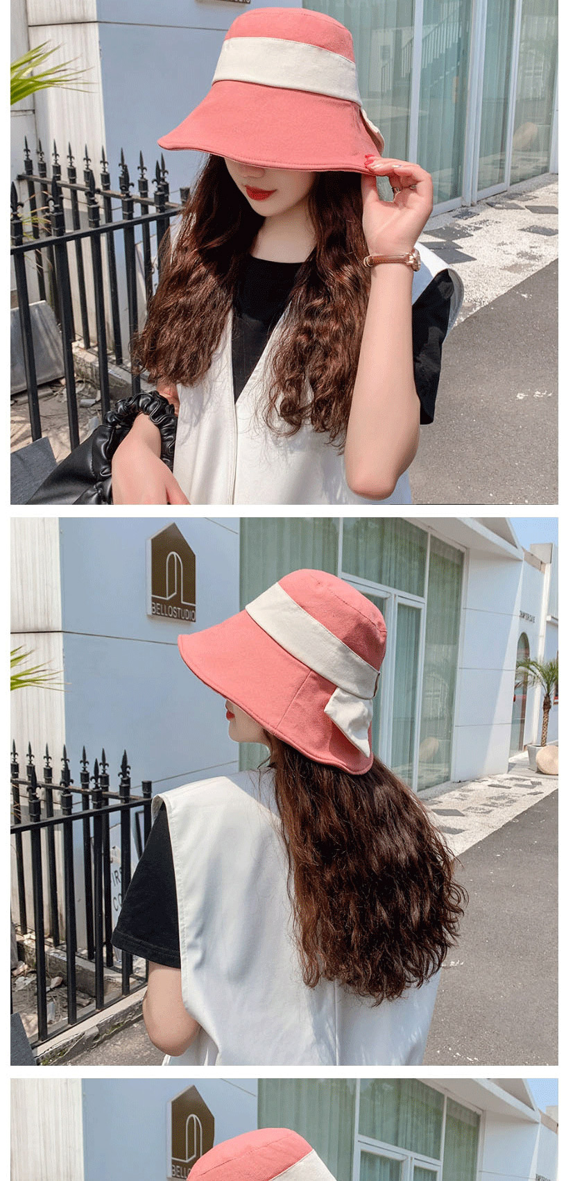Fashion Coffee Color Wide-brimmed Sunscreen Color-block Patch Bow Fisherman Hat,Sun Hats