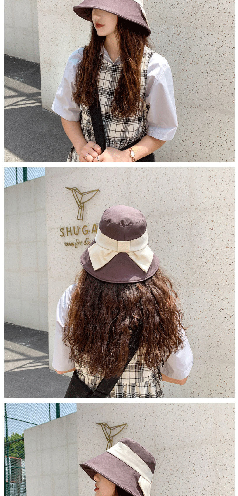 Fashion Khaki Wide-brimmed Sunscreen Color-block Patch Bow Fisherman Hat,Sun Hats
