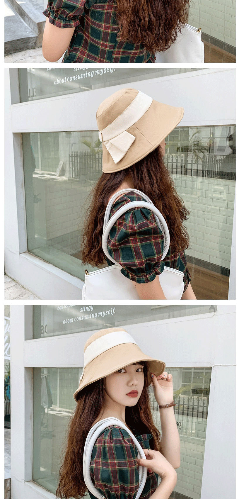 Fashion Beige Wide-brimmed Sunscreen Color-block Patch Bow Fisherman Hat,Sun Hats