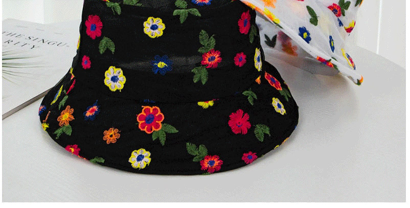 Fashion Black Embroidered Flower Contrast Fisherman Hat,Sun Hats
