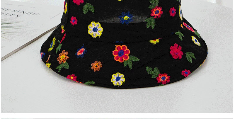 Fashion Black Embroidered Flower Contrast Fisherman Hat,Sun Hats
