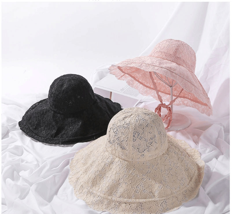Fashion Black Lace Lightweight Breathable Tether Straps Big Brim Cap,Sun Hats
