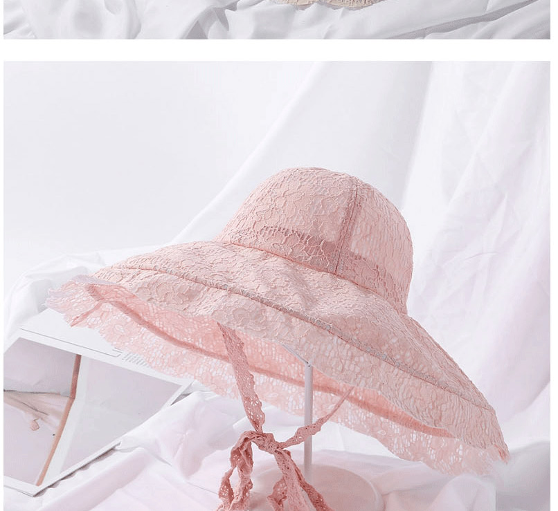 Fashion Pink Lace Lightweight Breathable Tether Straps Big Brim Cap,Sun Hats