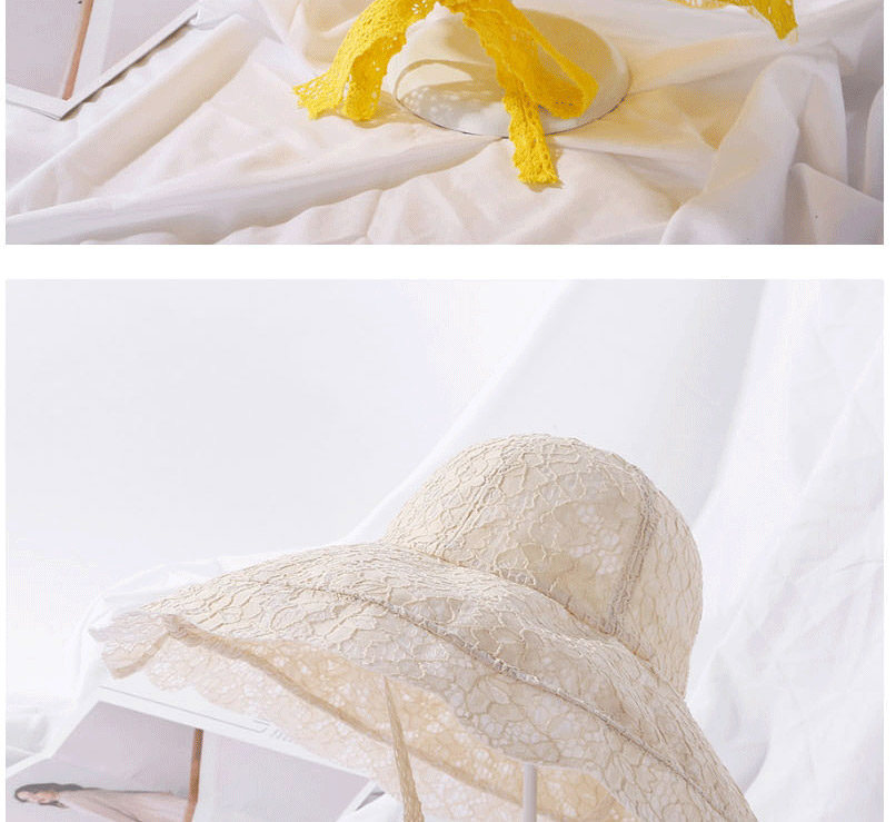 Fashion Yellow Lace Lightweight Breathable Tether Straps Big Brim Cap,Sun Hats